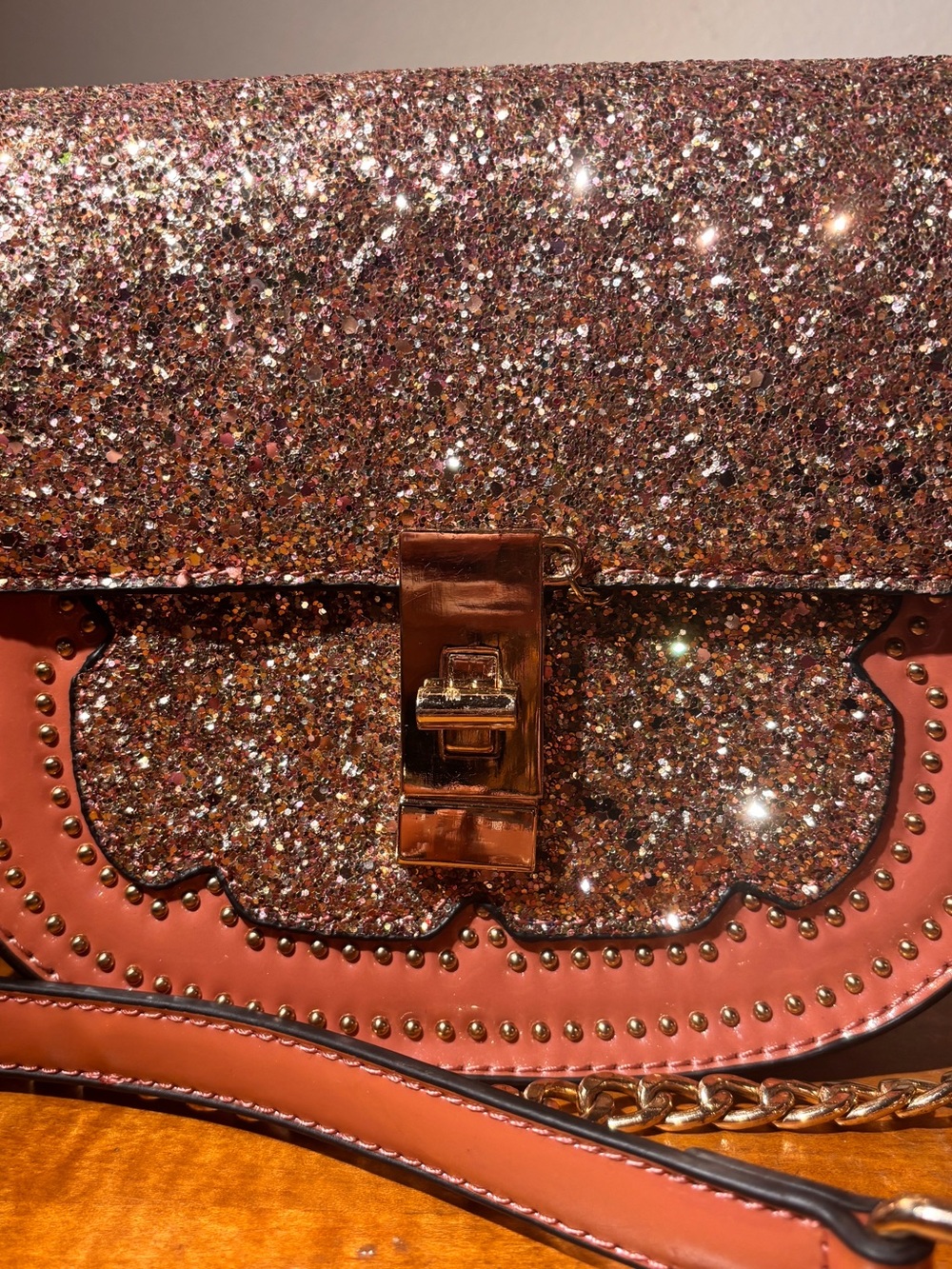 Coral Glitter Crossbody Saddle Bag w/ Gold-Tone Hardware - New